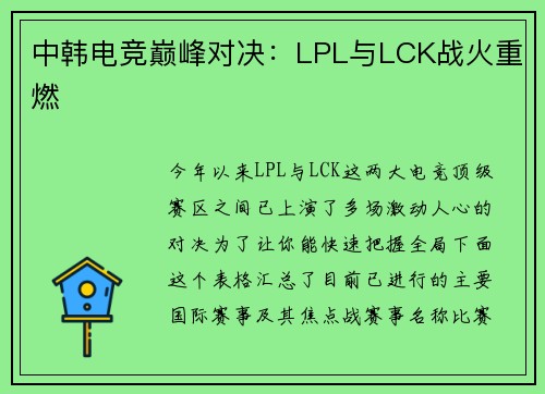 中韩电竞巅峰对决：LPL与LCK战火重燃
